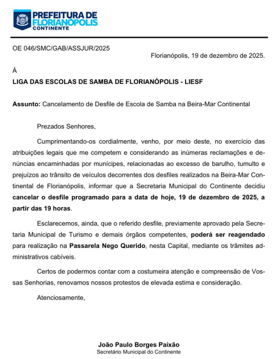 Prefeitura cancela desfile de escolas de samba na Beira-Mar Continental após reclamações de moradores